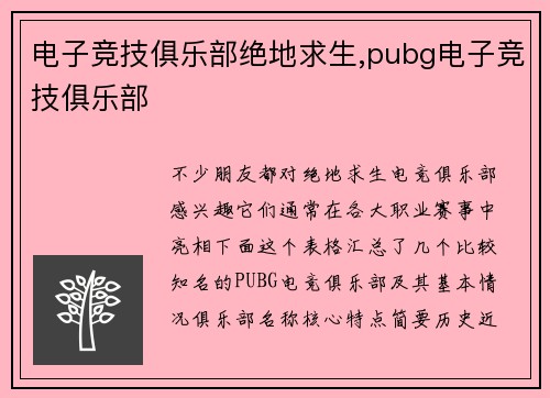 电子竞技俱乐部绝地求生,pubg电子竞技俱乐部